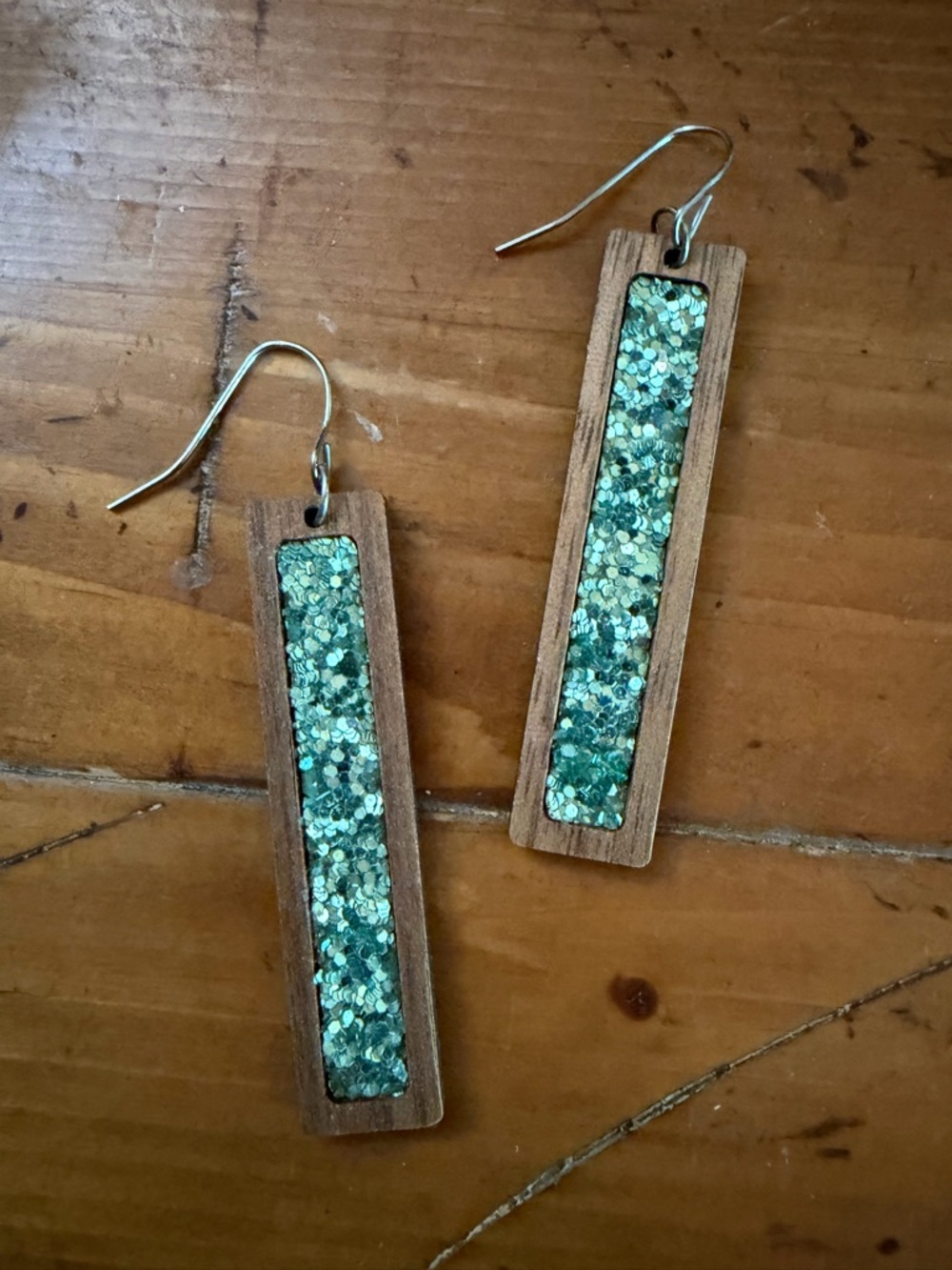 Teal Glitter Wood Bar Drop Earrings